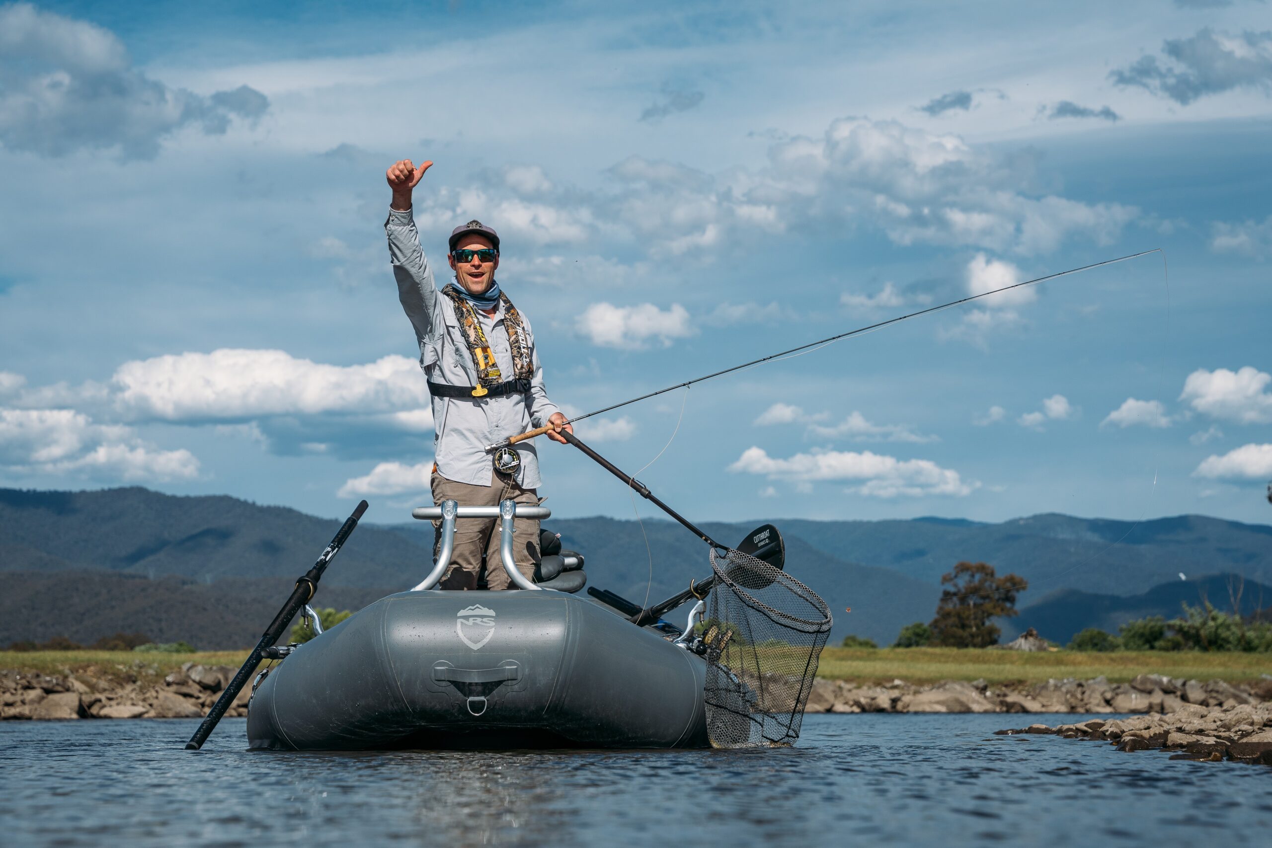 Drift boat fly fishing on the Swampy Plains River with Snowy Valleys Fly Fishing. Image by Jimmy Barwick.
